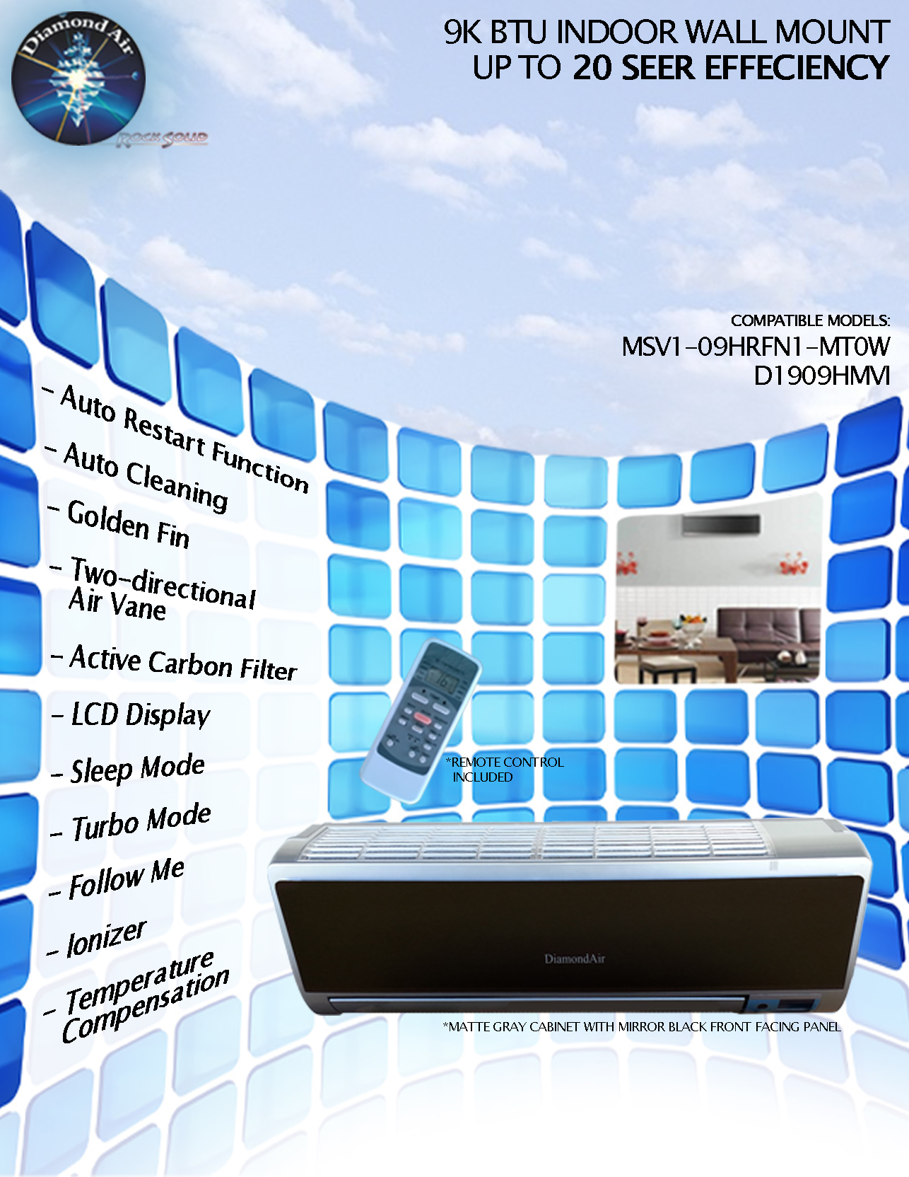 DiamondAir 9K BTU High Efficient Wall Mount Air Handler ONLY(T)